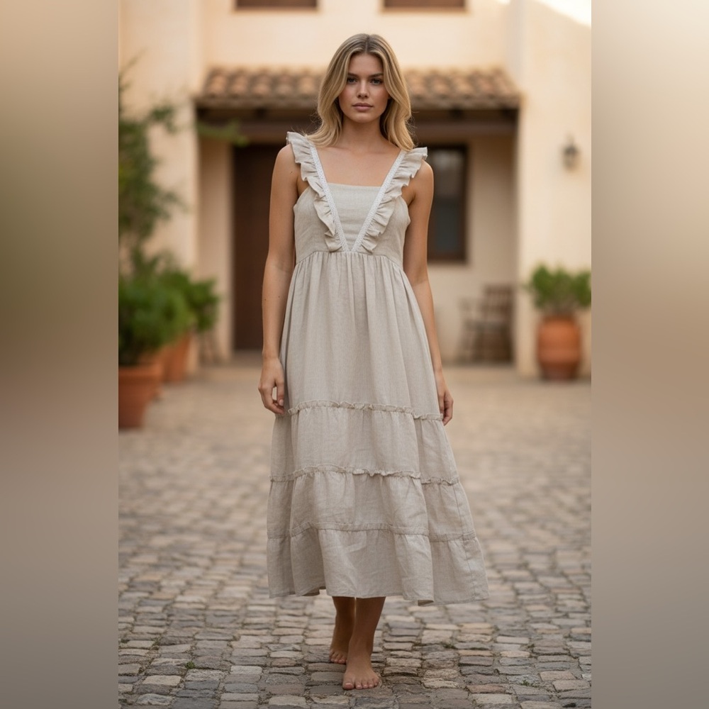 Lanhtropy Tiered Maxi 100% Linen Dress Women's Size‎ XS Beige Lace Trim Boho